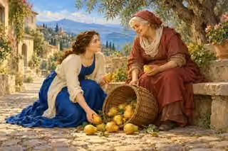 A woman helps an elderly neighbor gather fallen fruit in an act of mercy.