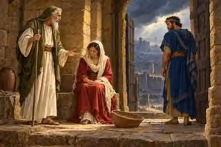 Jeremiah gently addresses a seated woman and a thoughtful man at a stone city gate beneath a stormy sky.