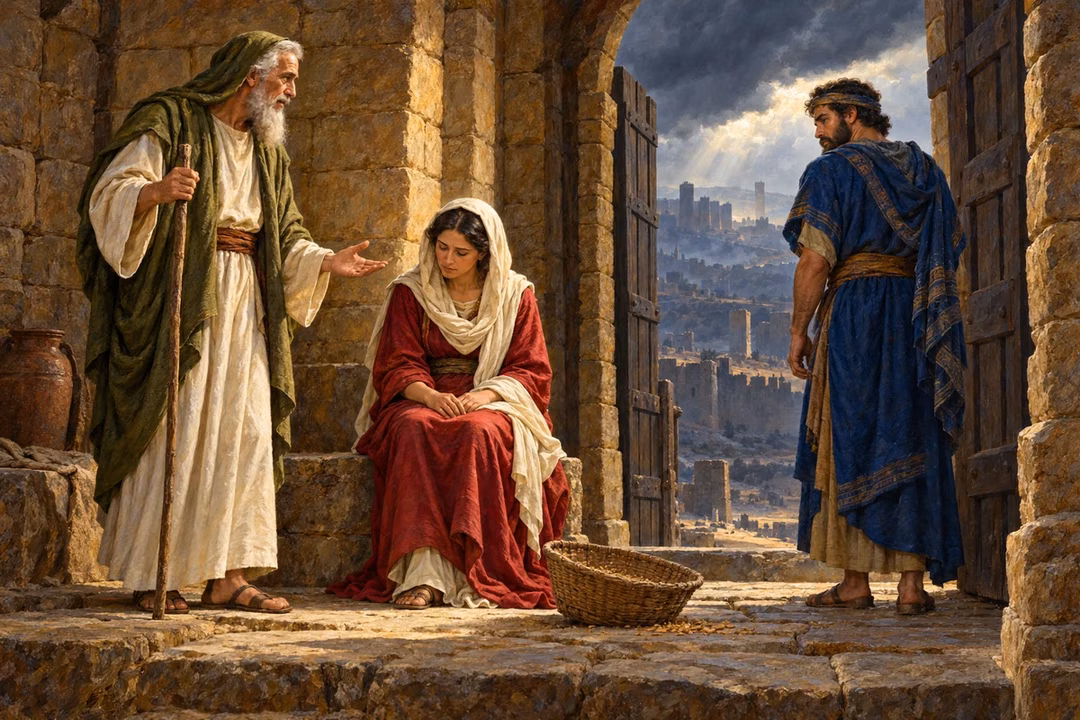 Jeremiah gently addresses a seated woman and a thoughtful man at a stone city gate beneath a stormy sky.
