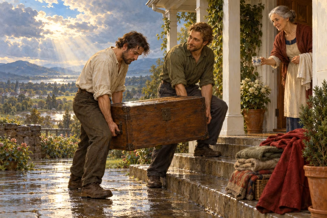 Two men share a heavy chest while a neighbor offers water after the rain.