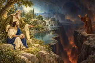 Abraham comforts seated Lazarus beside a tranquil green bay in a luminous cavern, while a robed rich man pleads from a barren ledge across a deep ember-lit gulf.