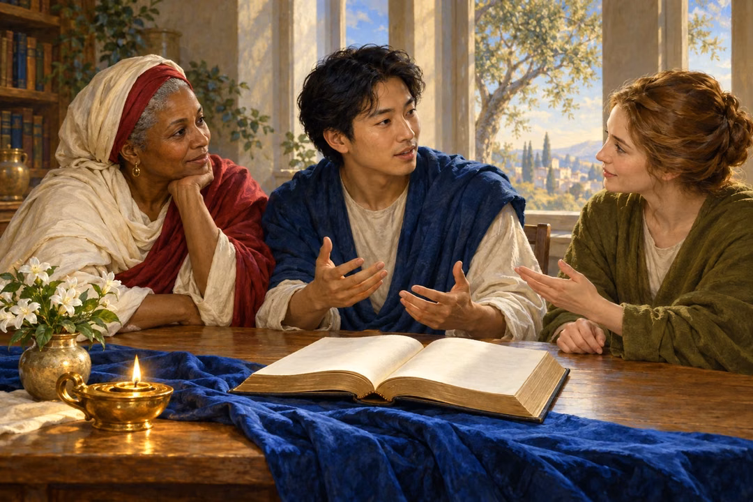 Three believers listen gently to one another around an open scripture book.