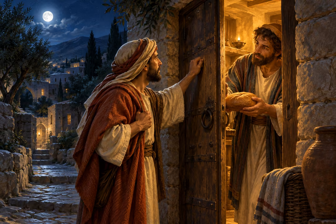 A visitor receives bread from a friend at a doorway in the middle of the night.