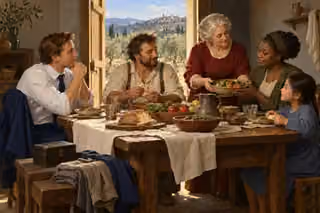 People of different means share a humble meal with contentment, with food and folded clothing lit more warmly than a closed money box.