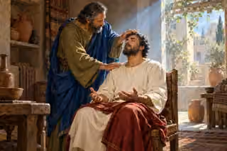 Ananias rests his hands on Saul's head and shoulder as Saul prays with open hands in a sunlit room in Damascus.