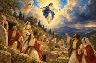 Christ descends in golden clouds above clothed believers rising among rocky tombs, with a trumpet angel and distant storm-darkened hills.