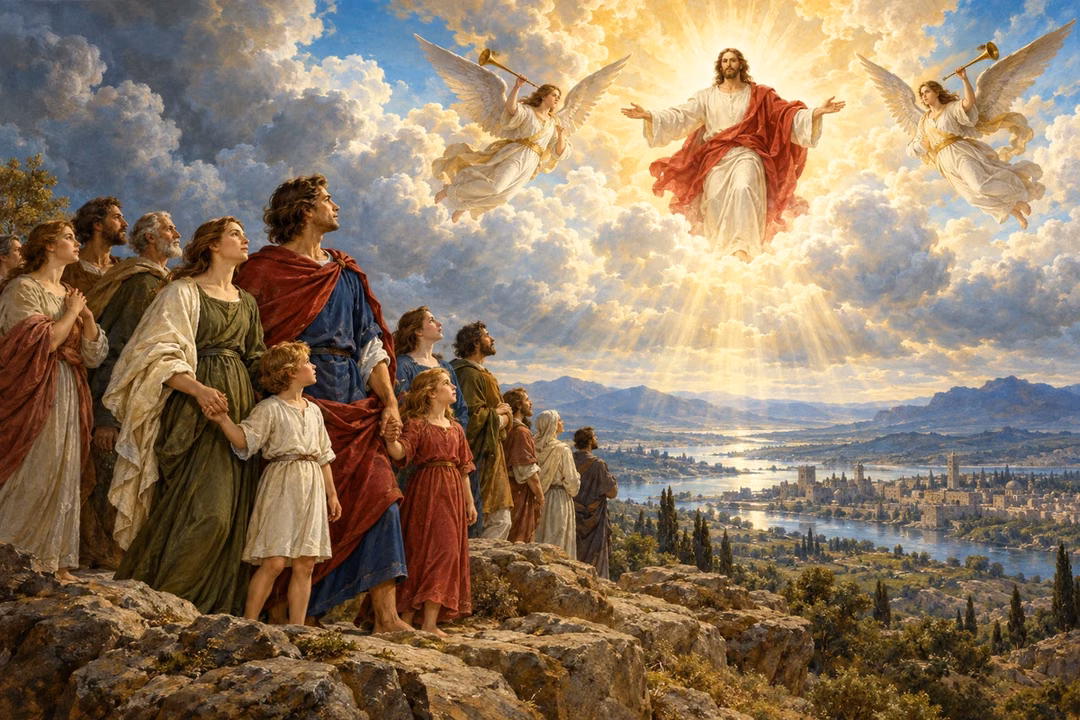 A steadfast family watches Christ appear in radiant clouds above the landscape.