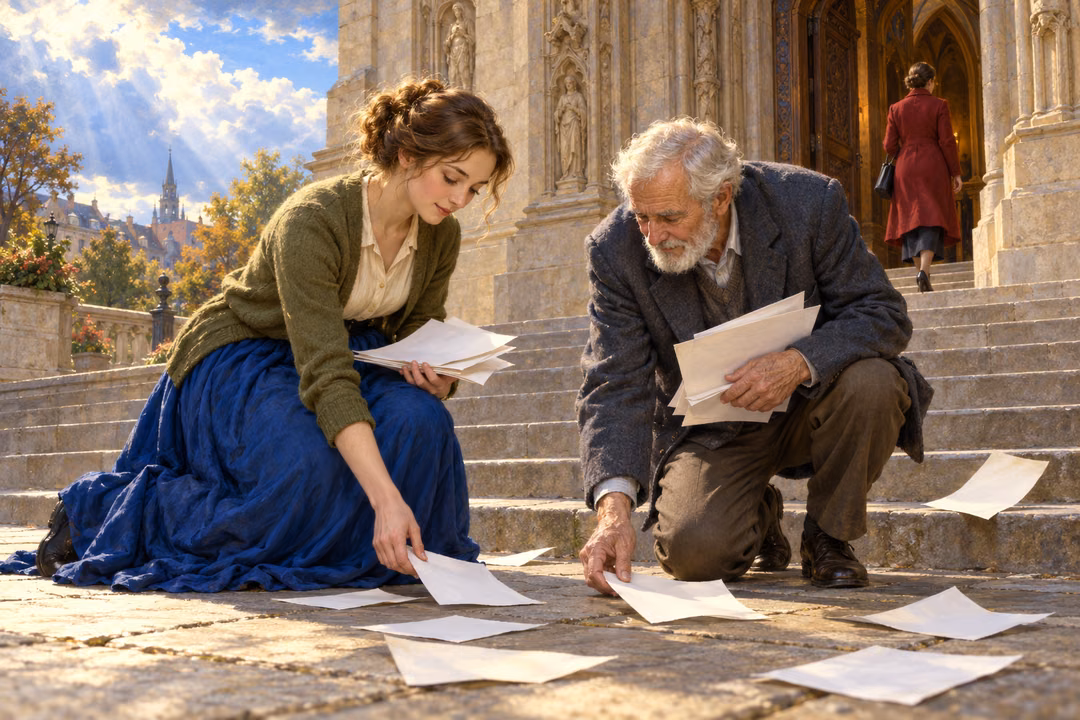 A young woman helps an elderly man collect wind-scattered blank papers on church steps while another person enters the ornate doorway behind them.