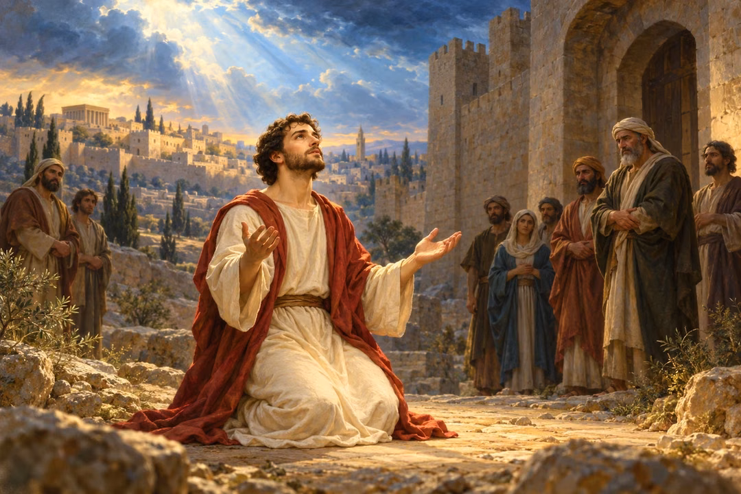 Stephen kneels in forgiving prayer beneath a luminous sky outside an ancient city.