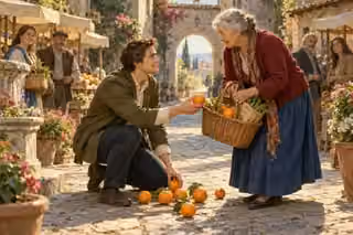 A young man gathers fallen oranges and returns them to an older stranger.