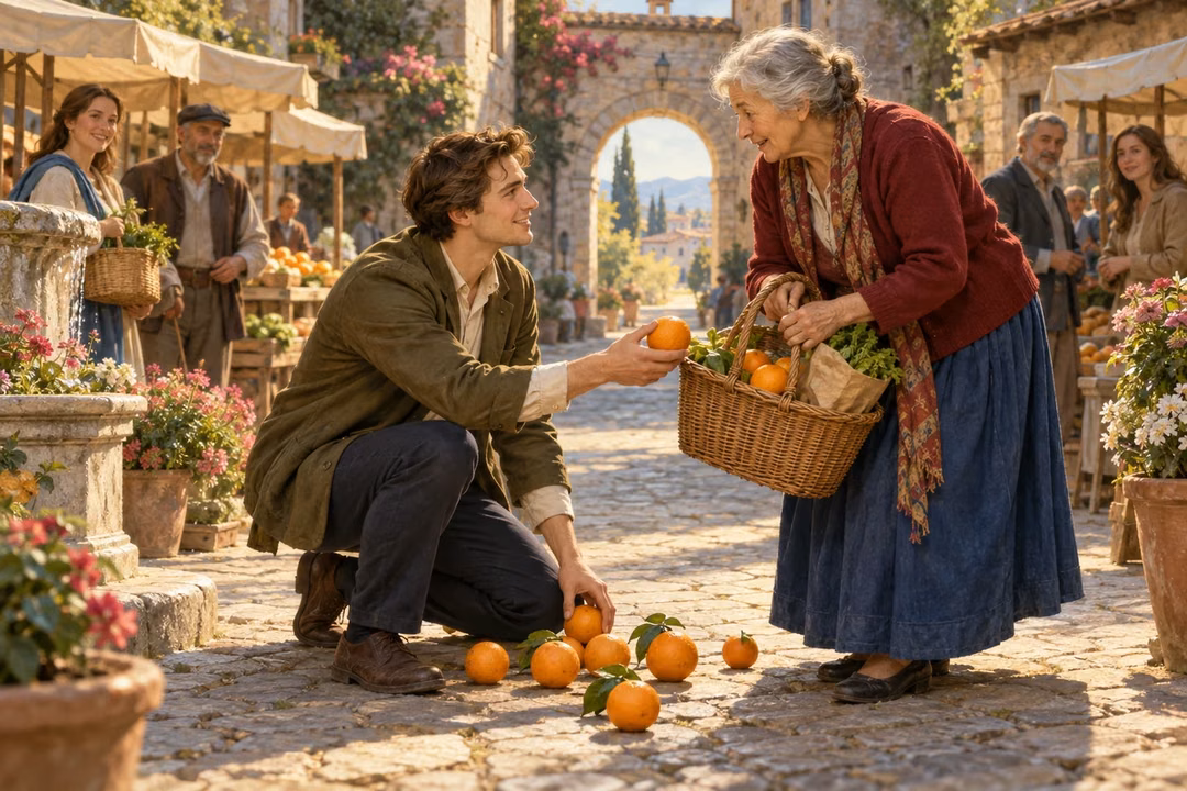 A young man gathers fallen oranges and returns them to an older stranger.