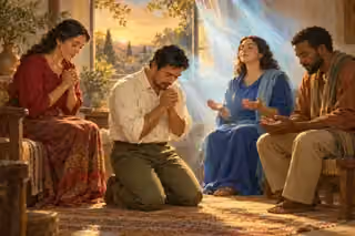 A family and friends pray together in a room filled with pearl and cyan light, representing new birth and unity in the Spirit.