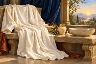 Clean white linen, an anointing-oil vessel and a shallow basin rest in luminous stillness.