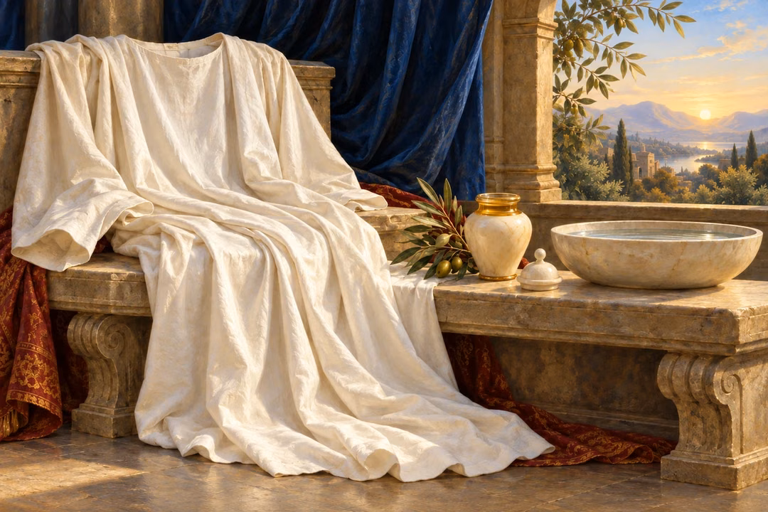 Clean white linen, an anointing-oil vessel and a shallow basin rest in luminous stillness.