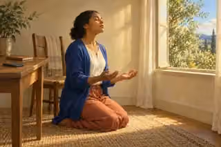 Raphael-inspired painting of a contemporary woman in a blue cardigan and terracotta trousers kneeling in prayer with open hands beside a sunlit window; a phone and closed notebook rest on a wooden table.