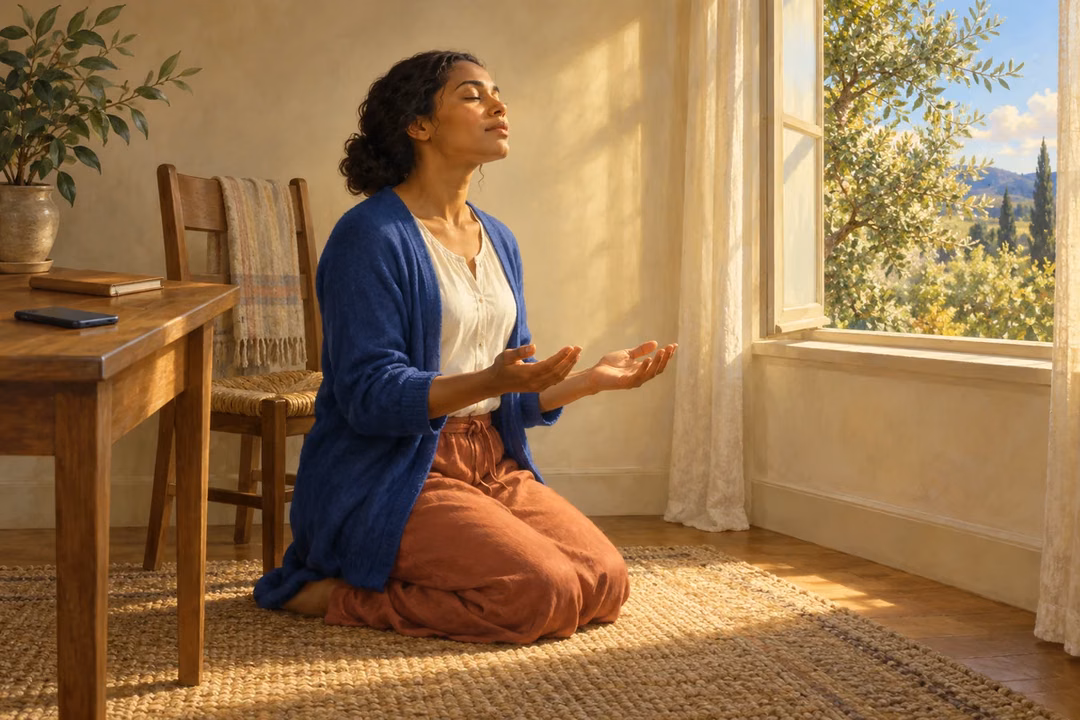 Raphael-inspired painting of a contemporary woman in a blue cardigan and terracotta trousers kneeling in prayer with open hands beside a sunlit window; a phone and closed notebook rest on a wooden table.