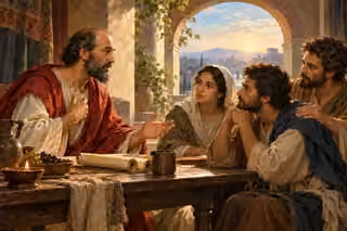 Paul teaches three attentive believers at a low table with a rolled letter, in a Roman house lit by dawn.