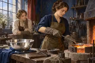 A woman silversmith removes dross from a glowing crucible while an apprentice watches, with a polished silver bowl reflecting the cool window light.