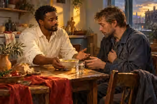In a warmly lit kitchen, a man offers soup and water to another man whose guarded expression is softening, illustrating kindness overcoming hostility.
