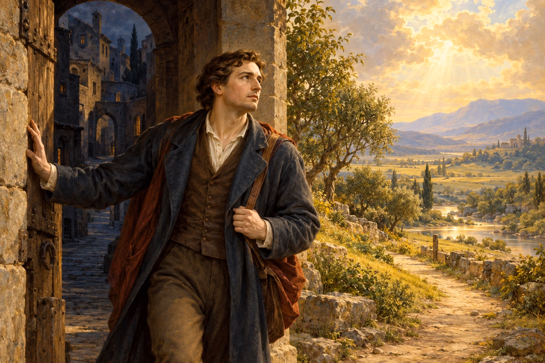 A man leaves a shadowed stone gate and turns toward a sunlit green pasture.