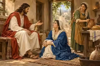 Mary listens at Jesus’s feet while Martha pauses with a jug and bread in their Bethany home.