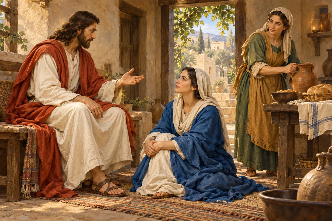 Mary listens at Jesus’s feet while Martha pauses with a jug and bread in their Bethany home.