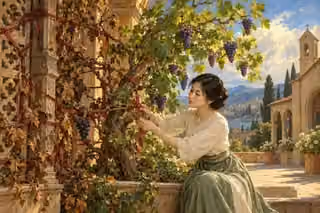 A woman loosens ornamental cords from a constrained vine so its branches can grow toward the light.