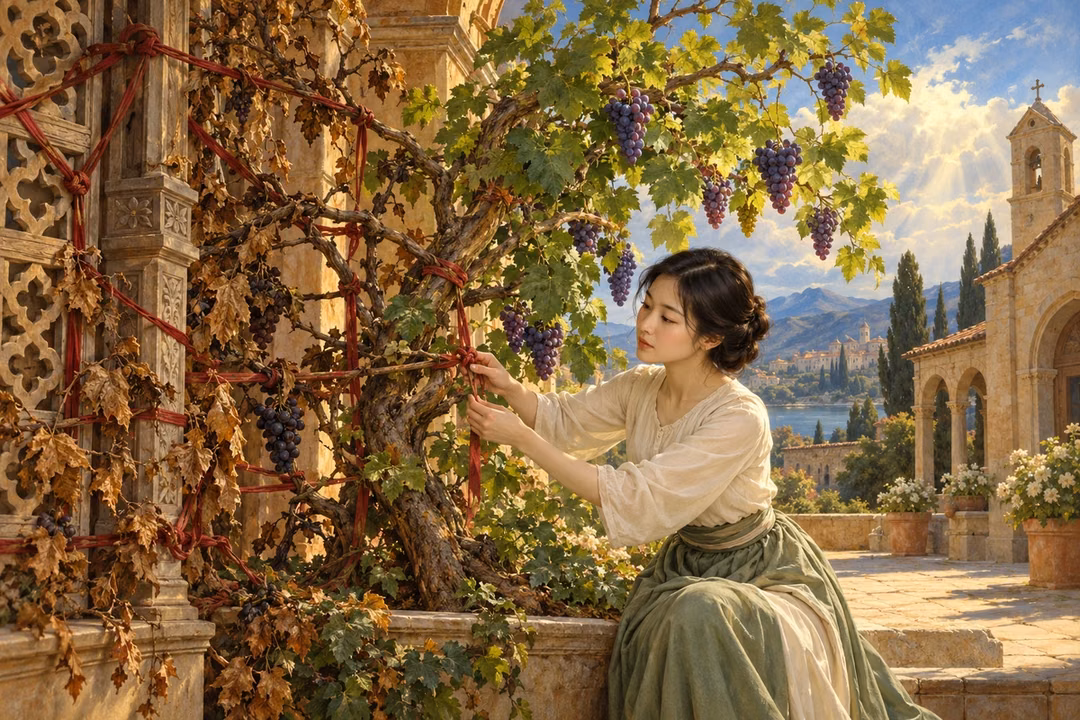 A woman loosens ornamental cords from a constrained vine so its branches can grow toward the light.