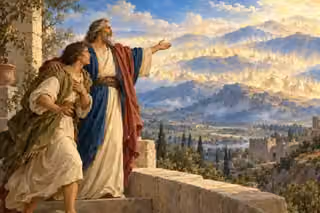 Elisha reassures a young servant on a stone terrace as a luminous host of horses and chariots appears across the distant hills beneath a blue and gold sky.