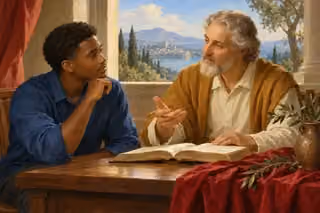 A young Black man listens thoughtfully to an older teacher beside an open book in a softly illuminated room.