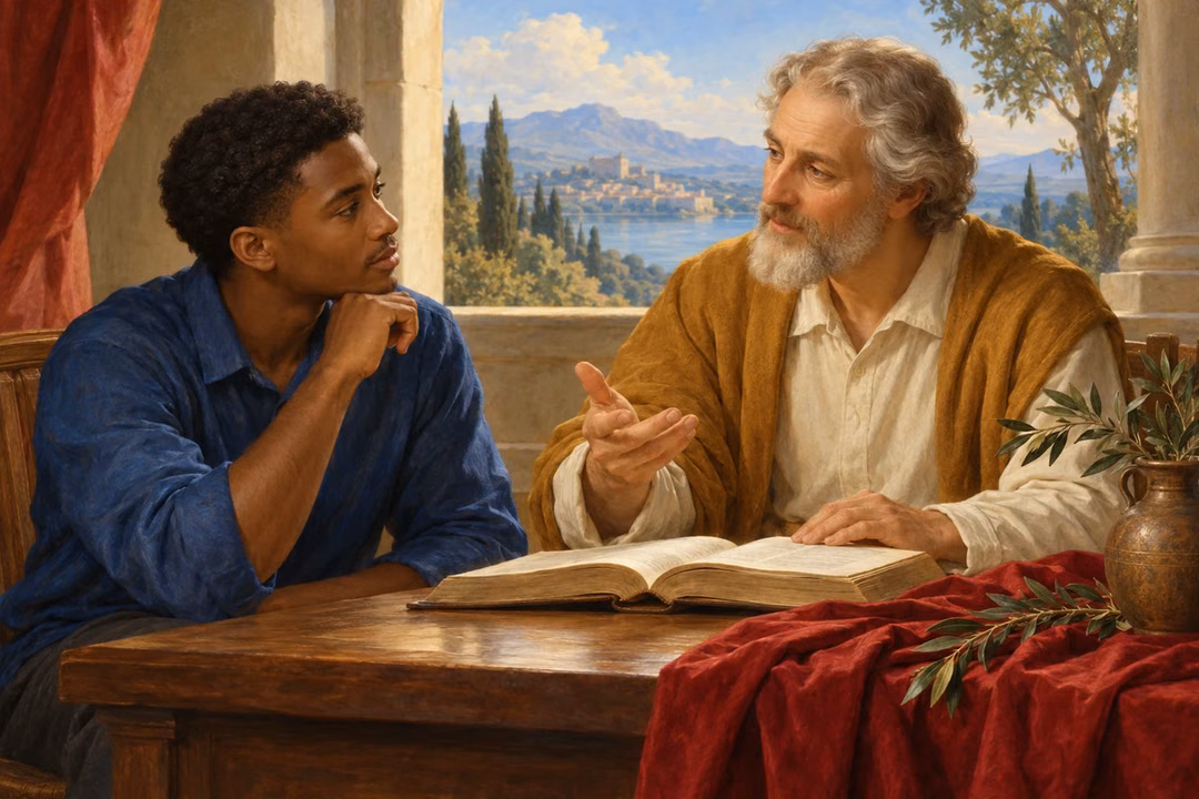 A young Black man listens thoughtfully to an older teacher beside an open book in a softly illuminated room.