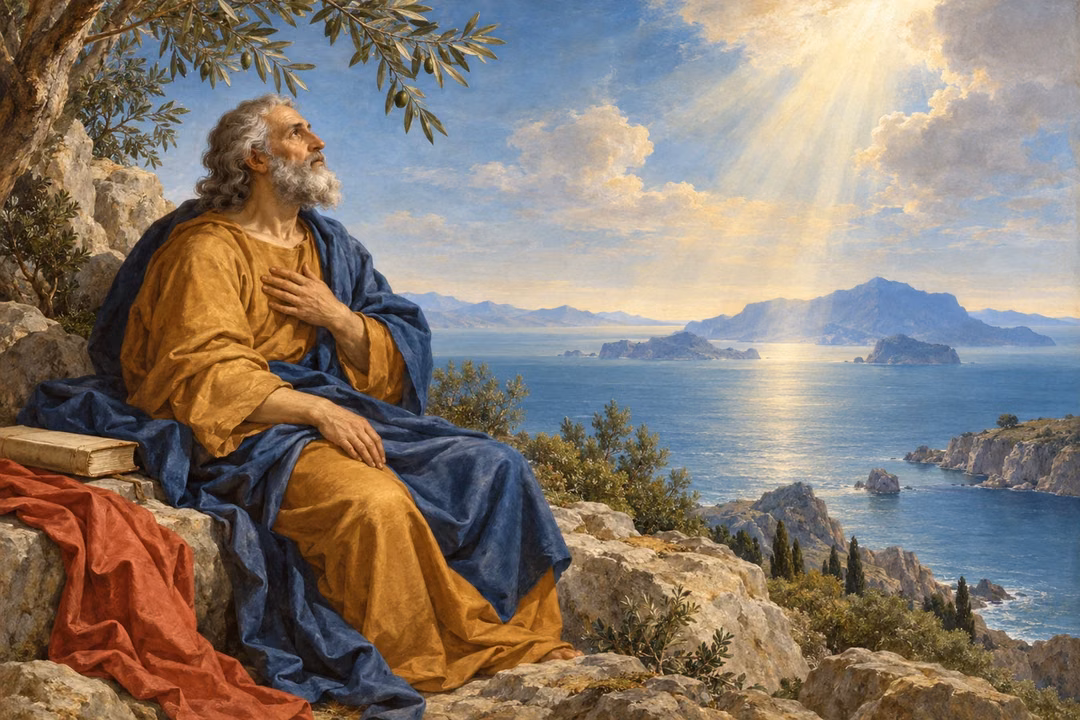 John listens with an open heart on Patmos as soft light falls across the island shore.
