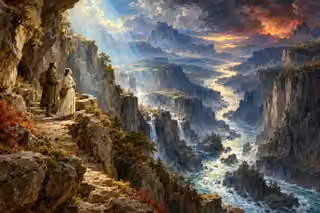 Two pilgrims contemplate a mighty river and distant storm from a safe rocky refuge.