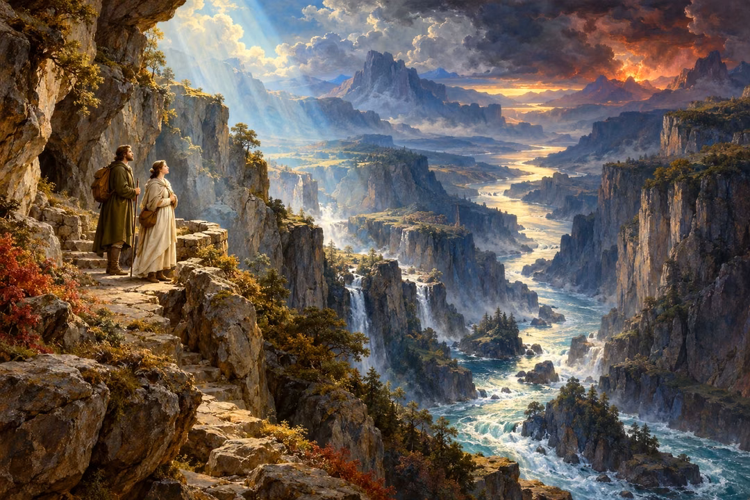 Two pilgrims contemplate a mighty river and distant storm from a safe rocky refuge.