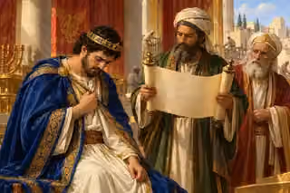 Josiah bows in repentance as Shaphan reads the recovered law scroll and Hilkiah watches.