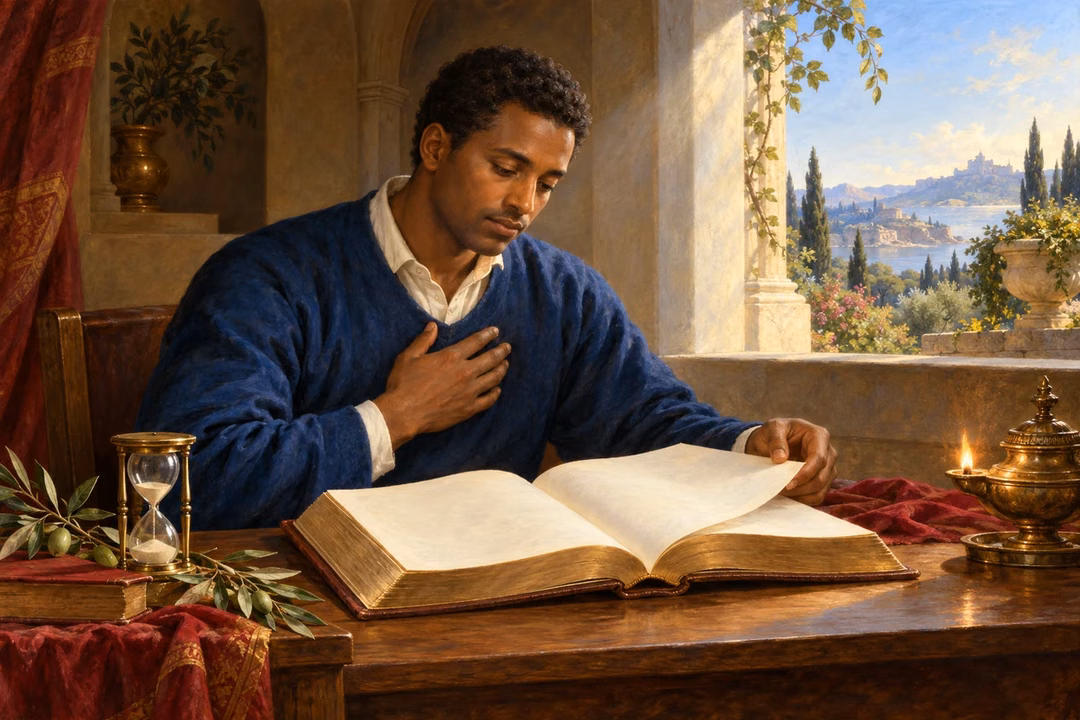 A man studies an open book in prayerful light, seeking wisdom with patience and faith.
