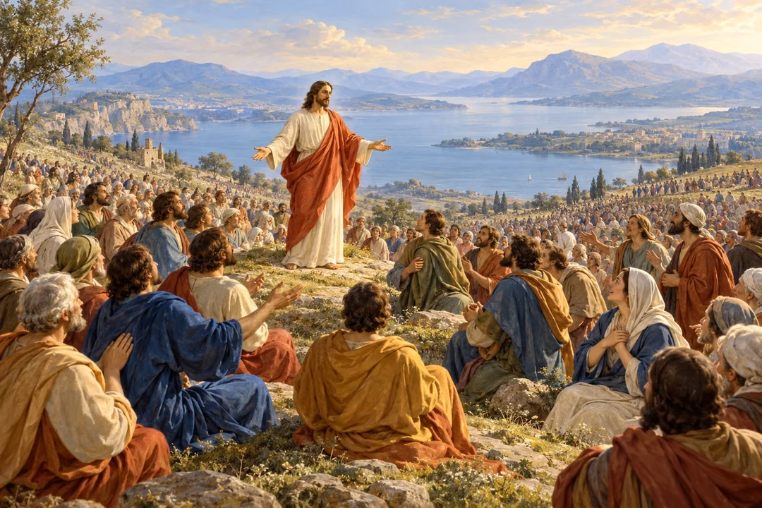 The risen Jesus welcomes a great crowd of eyewitnesses gathered in curved groups above a lake.