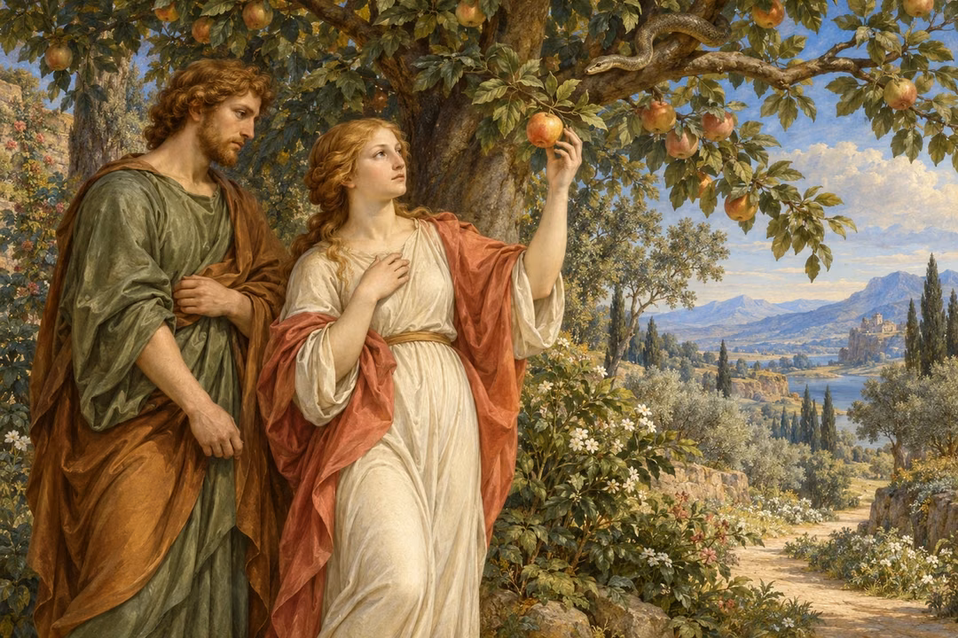 Fully robed Adam and Eve pause beneath the fruit tree as the serpent coils among its branches.