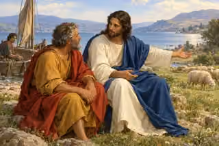 Jesus counsels Peter beside the Sea of Galilee as sheep gather on the grassy shore.
