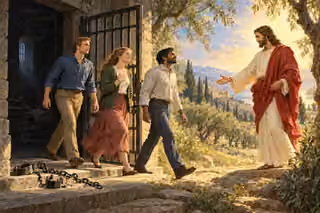 Three people leave a shadowed house of bondage, passing abandoned fetters as Christ welcomes them into a bright olive garden.