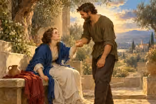 A gentle helper supports a weary woman in a quiet courtyard, expressing mercy without condemnation.