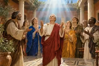 Peter gestures as Cornelius and a prayerful household raise their faces and hands into white light in a Roman atrium with geometric mosaics.