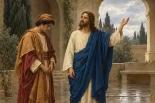 Jesus raises an open hand toward the sky while a young seeker bows his head beside him in a stone courtyard shaded by cypress trees.