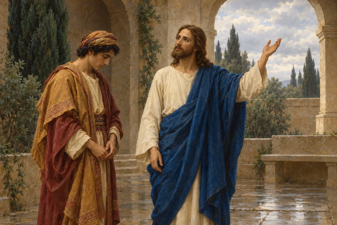 Jesus raises an open hand toward the sky while a young seeker bows his head beside him in a stone courtyard shaded by cypress trees.