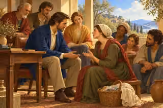 A prosperous man listens gently at the same level as a working woman, showing humility despite his advantage.