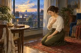 A woman kneels in quiet prayer beside a dawn-lit apartment window, with bread and a closed book on a small table.