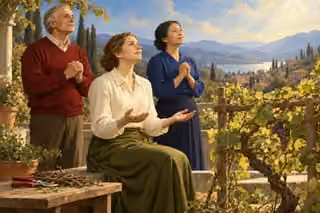 Three modestly dressed modern believers pray on a sunlit garden terrace beside a fruitful grapevine, with pruning shears and cut dry twigs resting on a wooden bench.