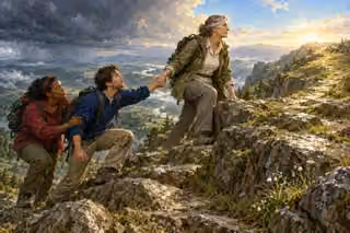 Three modern hikers help one another climb a final rocky step toward a sunlit ridge while rain clouds recede over the valley below.
