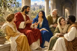 A bearded teacher in crimson speaks with five serene believers beneath a sunlit stone colonnade, beside an olive tree.