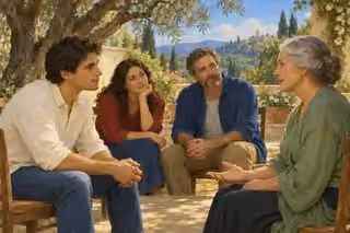 Three adults listen attentively to an older woman speaking gently beneath an olive tree in a sunny garden courtyard.